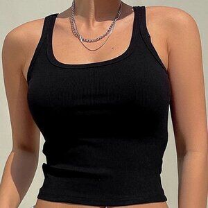 Black Preppy Womens Solid Ribbed Knit Crop Cami Top